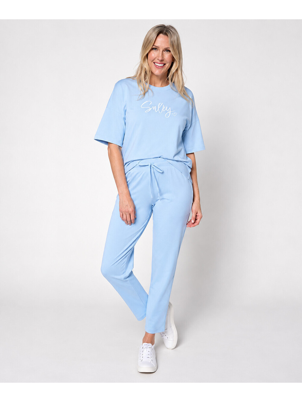 AnyBody Regular Cozy Knit Lounge Set with Embroidery Chambray Blue, Size Large
